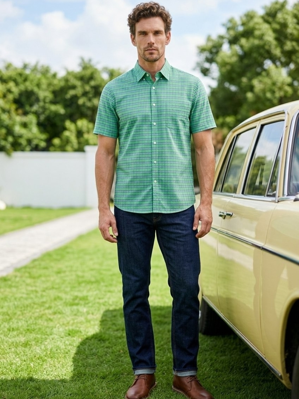 Green Plaid Short-Sleeve Button-Down Shirt #537 - Picture 3 of 4